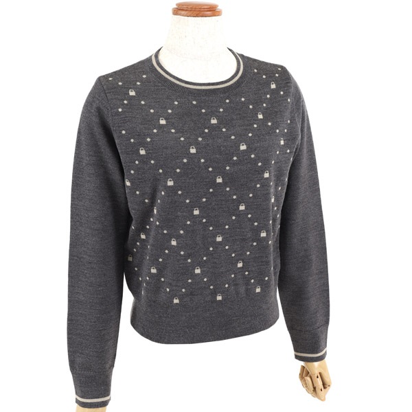 バッグモチーフクルーネック長袖ニットプルオーバー(グレー-M(38))