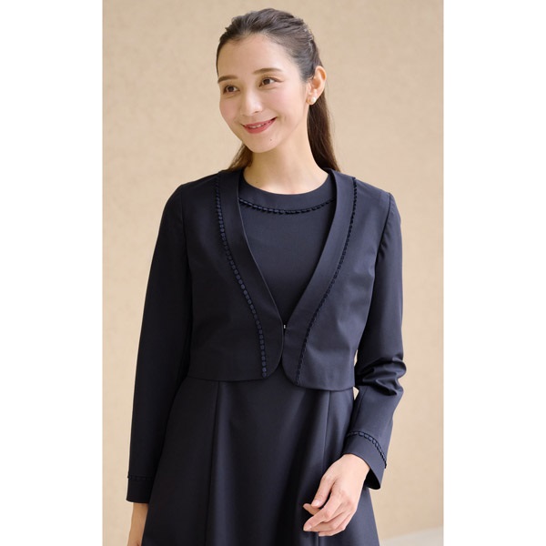 レース付きノーカラージャケット(ダークブルー-S(36))