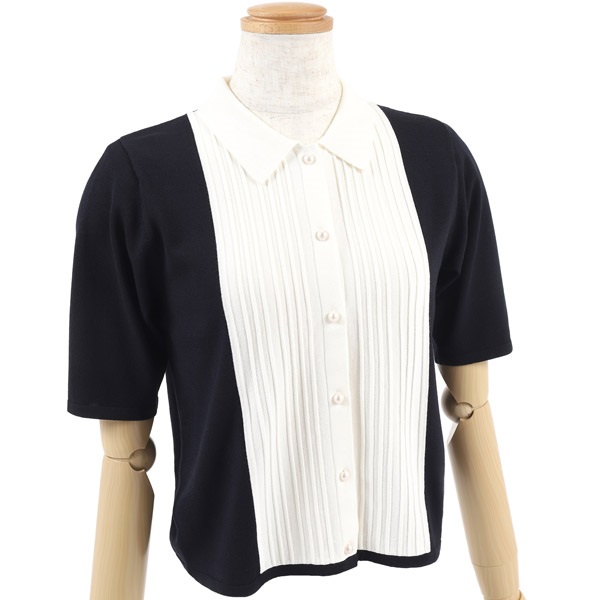 襟付き半袖ニットカーディガン(ダークブルー-M(38))