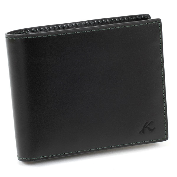 二折財布（札入れ）(ブラック／ダークグリーンステッチ)